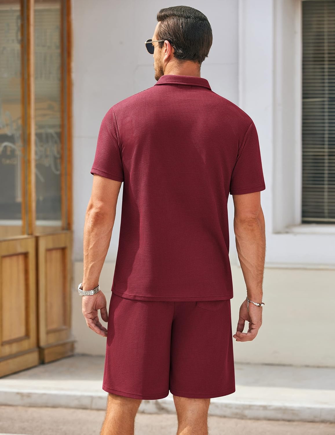 Men's Waffle Knit Polo Shirt and Shorts Two-Piece Summer Set Casual Sportswear