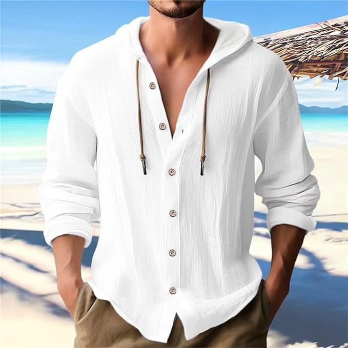 Men'S Hooded T-Shirt Solid Color Cotton Linen Casual Long-Sleeved Top