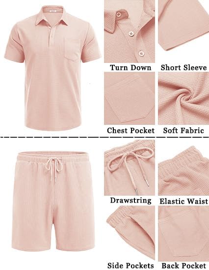 Men's Waffle Knit Polo Shirt and Shorts Two-Piece Summer Set Casual Sportswear