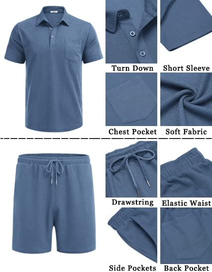 Men's Waffle Knit Polo Shirt and Shorts Two-Piece Summer Set Casual Sportswear