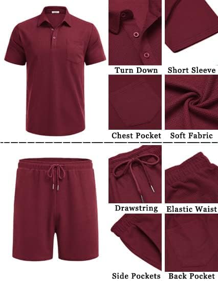Men's Waffle Knit Polo Shirt and Shorts Two-Piece Summer Set Casual Sportswear