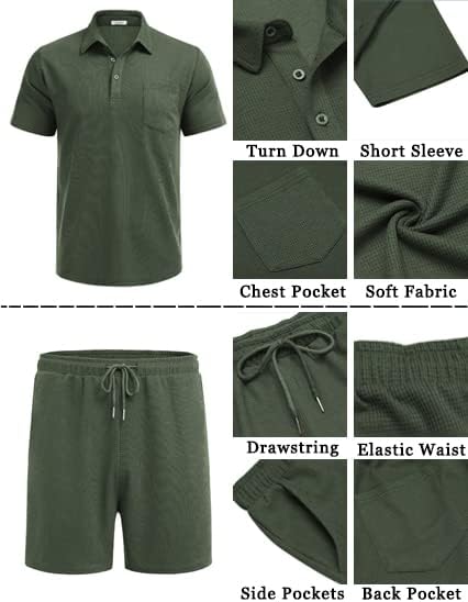 Men's Waffle Knit Polo Shirt and Shorts Two-Piece Summer Set Casual Sportswear
