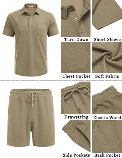 Men's Waffle Knit Polo Shirt and Shorts Two-Piece Summer Set Casual Sportswear