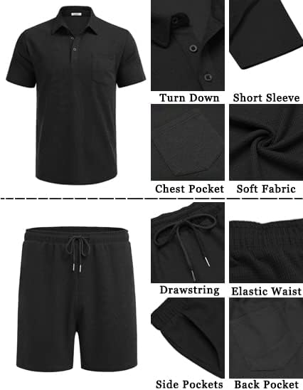 Men's Waffle Knit Polo Shirt and Shorts Two-Piece Summer Set Casual Sportswear