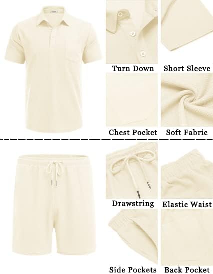 Men's Waffle Knit Polo Shirt and Shorts Two-Piece Summer Set Casual Sportswear