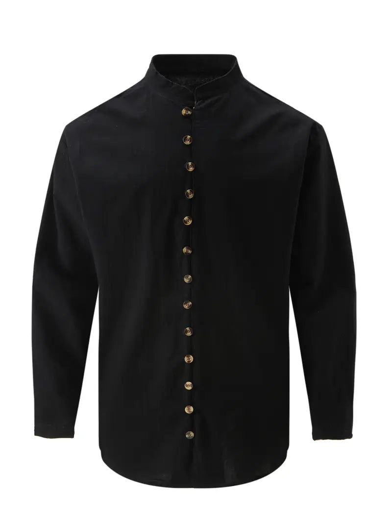 Langärmliges Leinenhemd mit Mandarinkragen und Knopfleiste