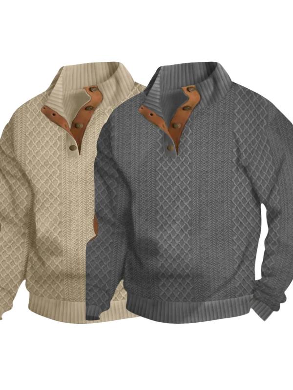 Men's Colorblock Patchwork Jacquard Button Front Sweatshirt, Regular Fit Casual Long Sleeve Stand Collar Sweatshirt for Fall & Winter, Fashion Men's Knitwear for Daily Wear