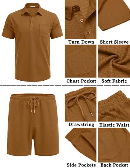 Men's Waffle Knit Polo Shirt and Shorts Two-Piece Summer Set Casual Sportswear