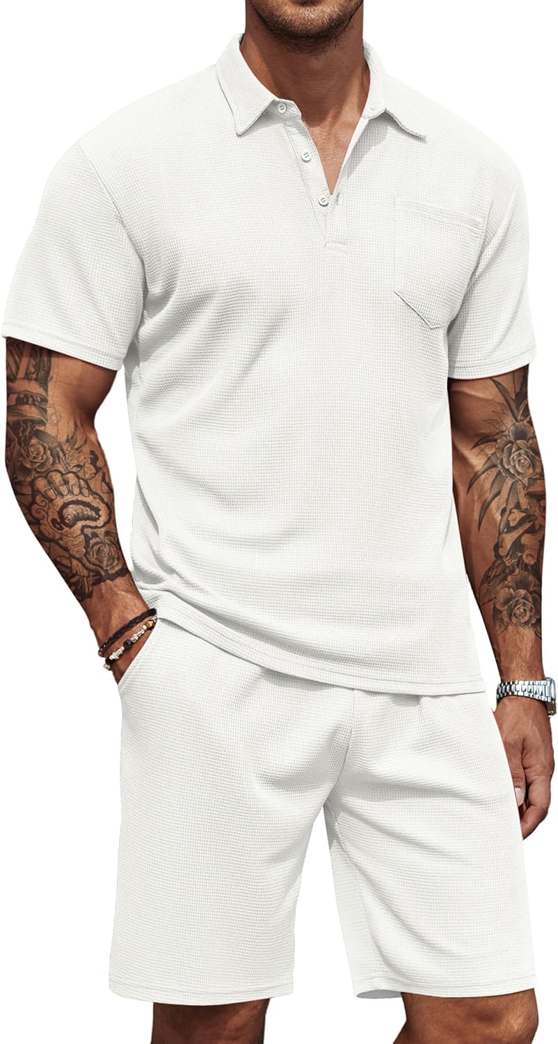 Men's Waffle Knit Polo Shirt and Shorts Two-Piece Summer Set Casual Sportswear