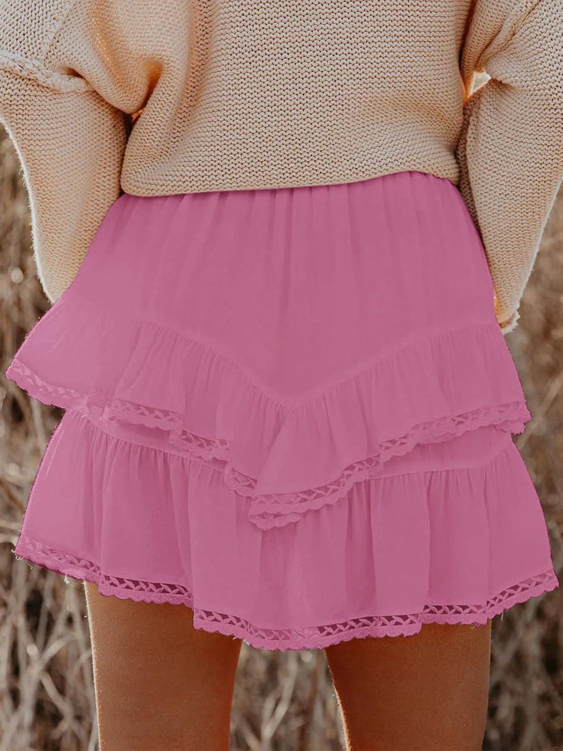 Flowy Shorts for Women Casual Boho Ruffle Tiered Skorts High Waist Mini Skirts Golf Tennis Crochet Shorts