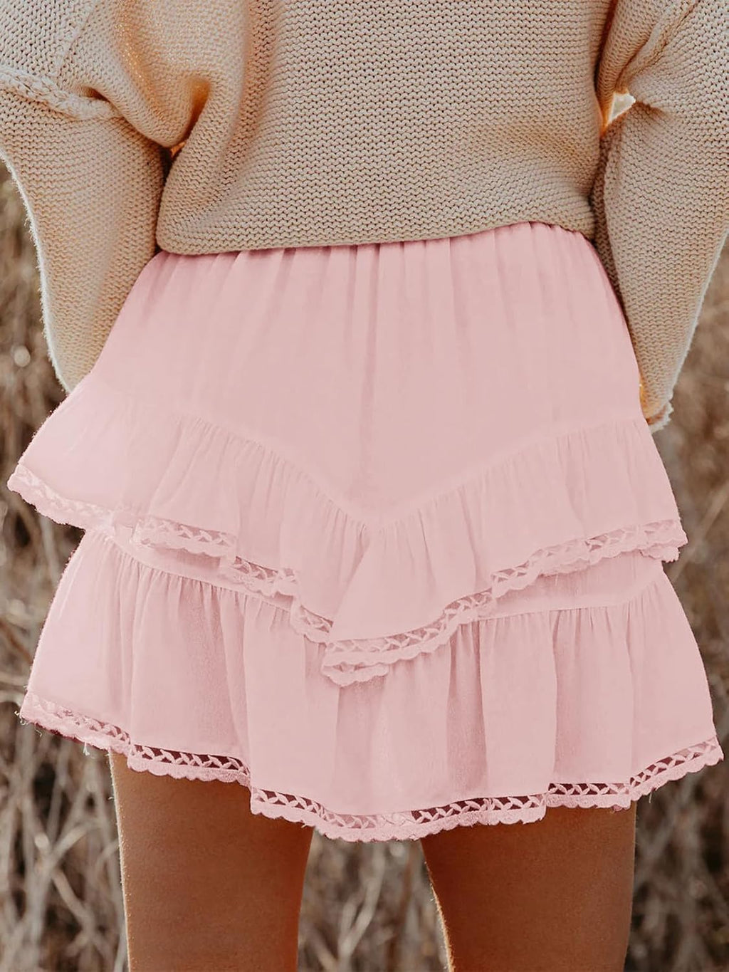 Flowy Shorts for Women Casual Boho Ruffle Tiered Skorts High Waist Mini Skirts Golf Tennis Crochet Shorts