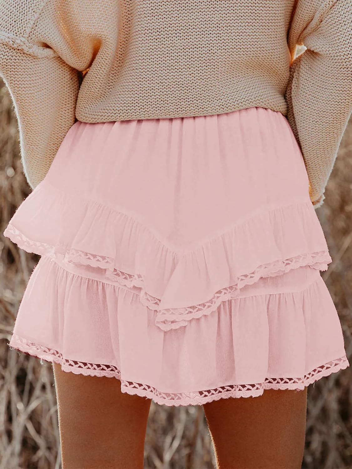 Flowy Shorts for Women Casual Boho Ruffle Tiered Skorts High Waist Mini Skirts Golf Tennis Crochet Shorts
