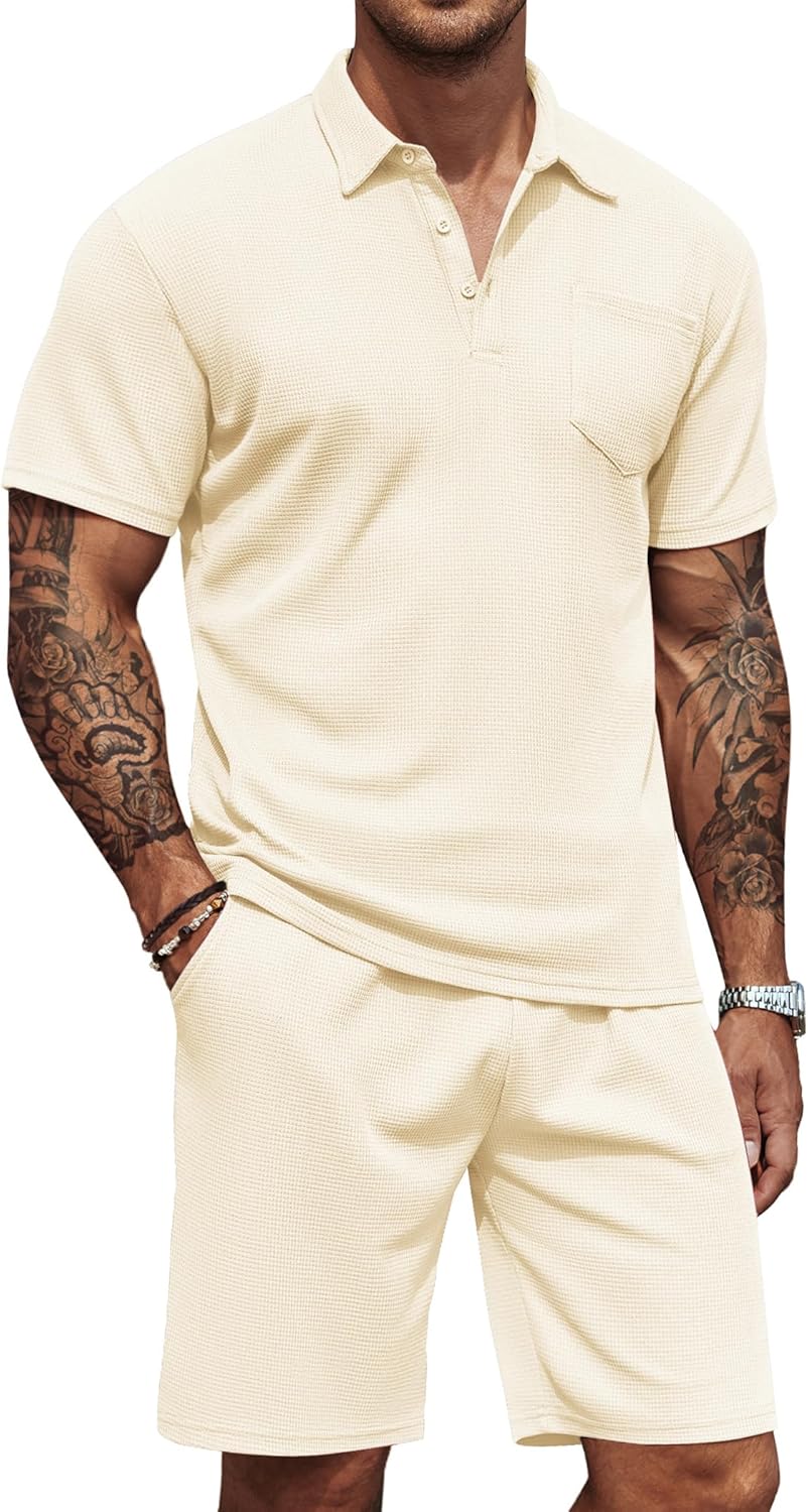 Men's Waffle Knit Polo Shirt and Shorts Two-Piece Summer Set Casual Sportswear