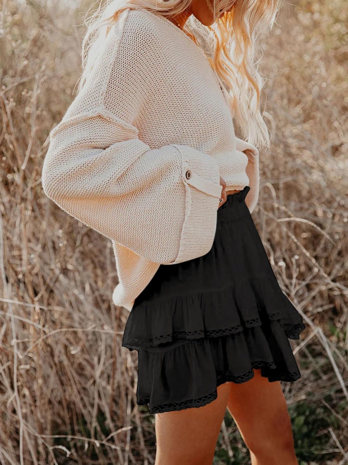 Flowy Shorts for Women Casual Boho Ruffle Tiered Skorts High Waist Mini Skirts Golf Tennis Crochet Shorts