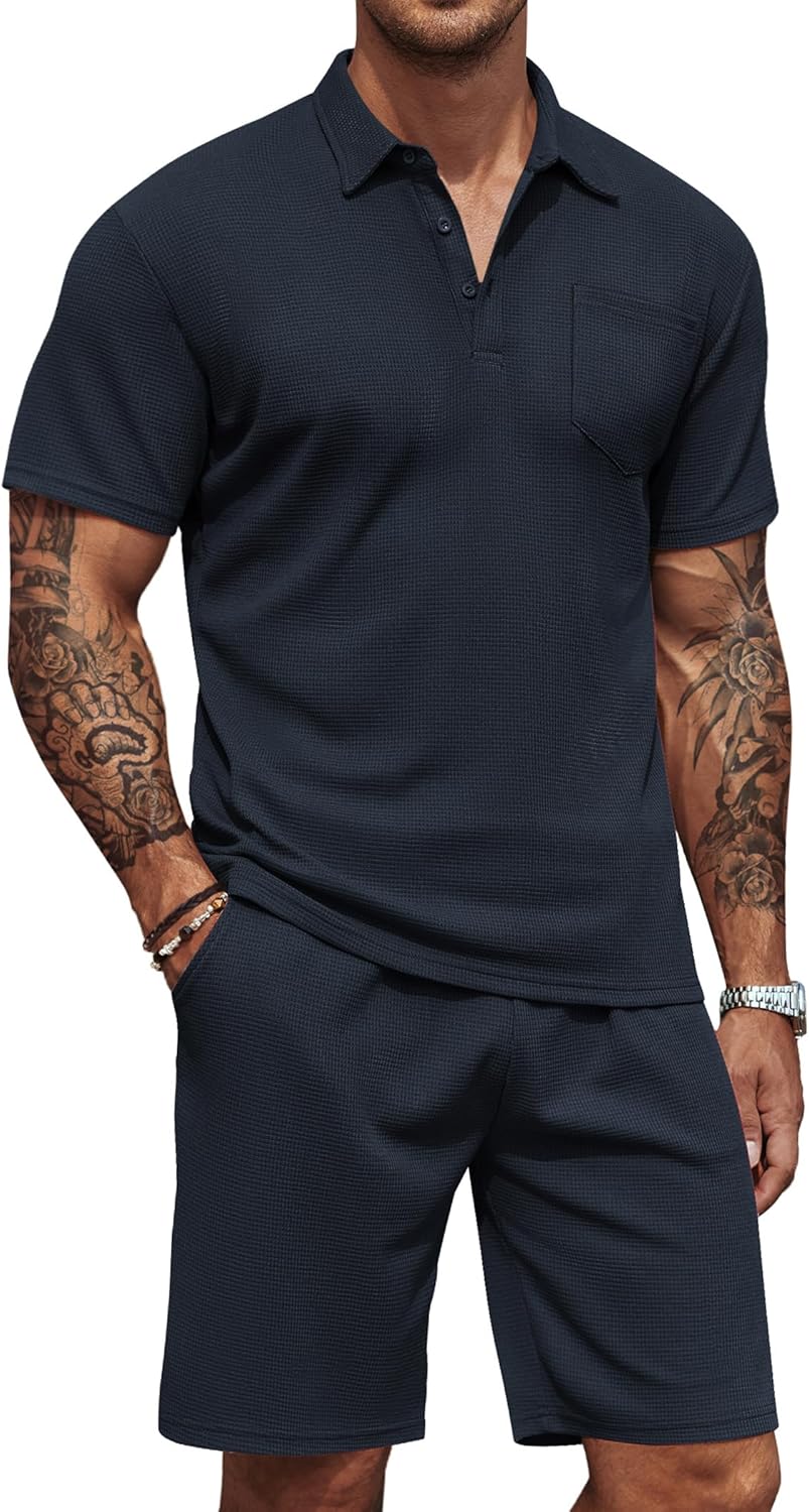Men's Waffle Knit Polo Shirt and Shorts Two-Piece Summer Set Casual Sportswear