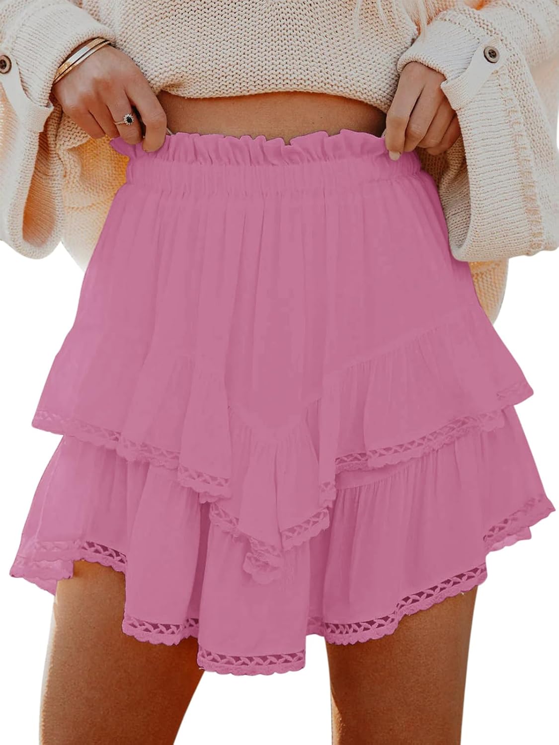 Flowy Shorts for Women Casual Boho Ruffle Tiered Skorts High Waist Mini Skirts Golf Tennis Crochet Shorts