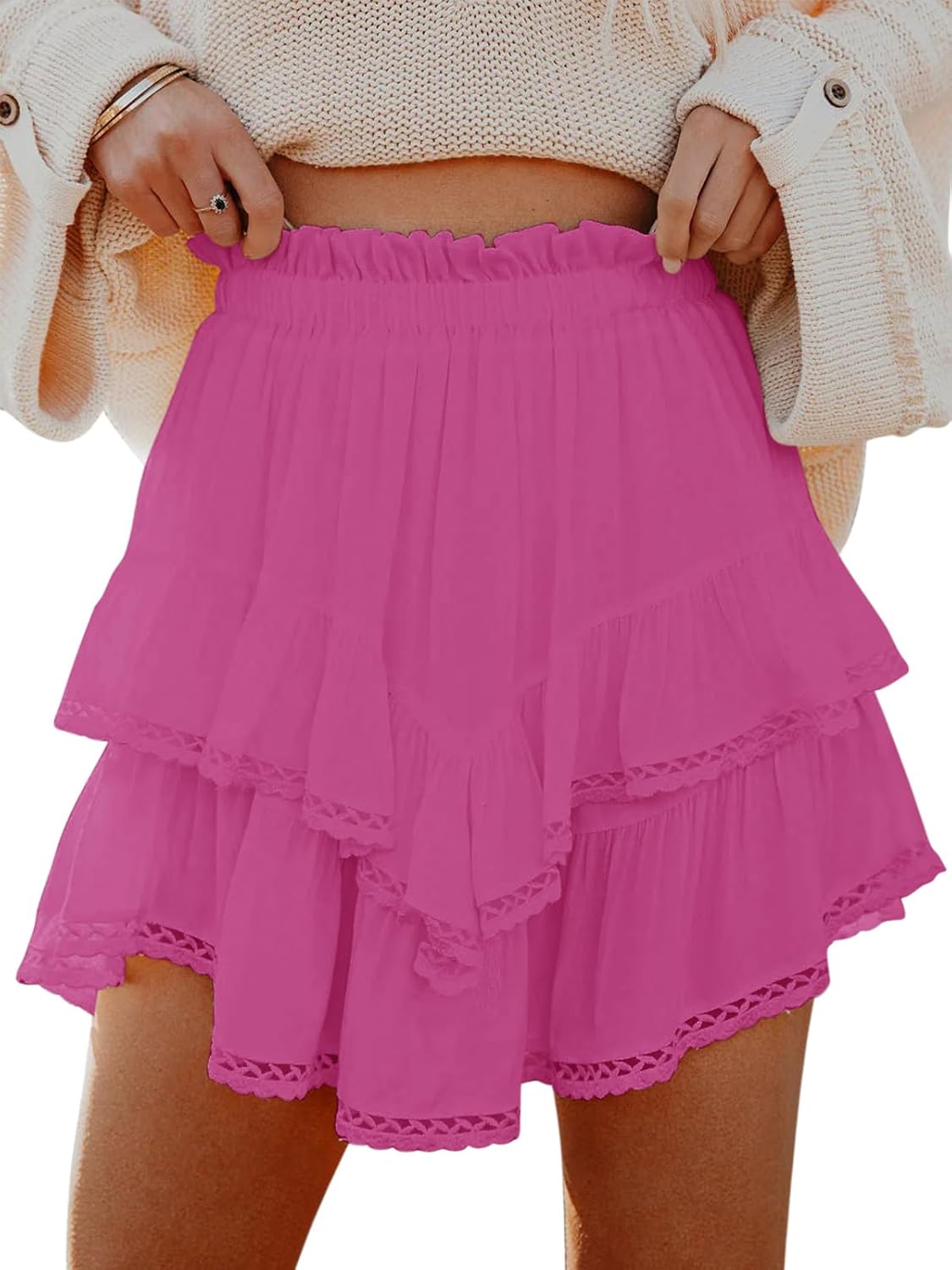 Flowy Shorts for Women Casual Boho Ruffle Tiered Skorts High Waist Mini Skirts Golf Tennis Crochet Shorts