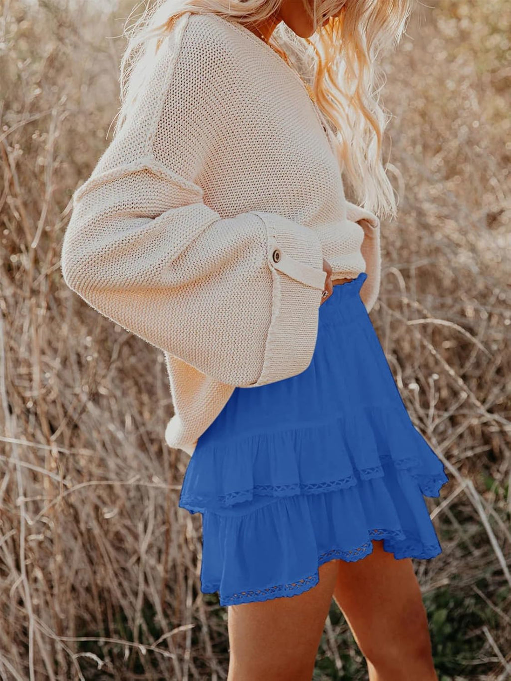 Flowy Shorts for Women Casual Boho Ruffle Tiered Skorts High Waist Mini Skirts Golf Tennis Crochet Shorts