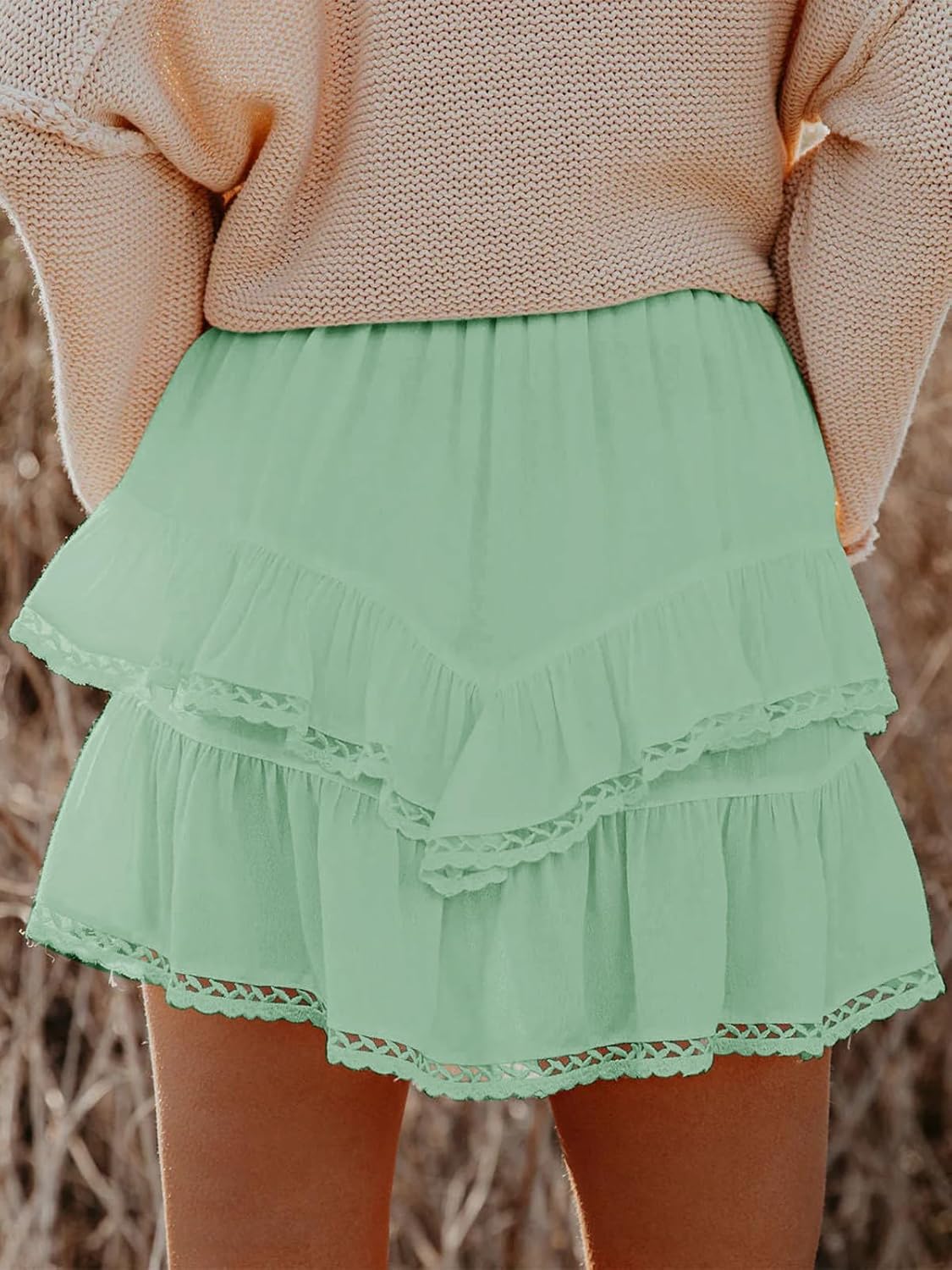 Flowy Shorts for Women Casual Boho Ruffle Tiered Skorts High Waist Mini Skirts Golf Tennis Crochet Shorts