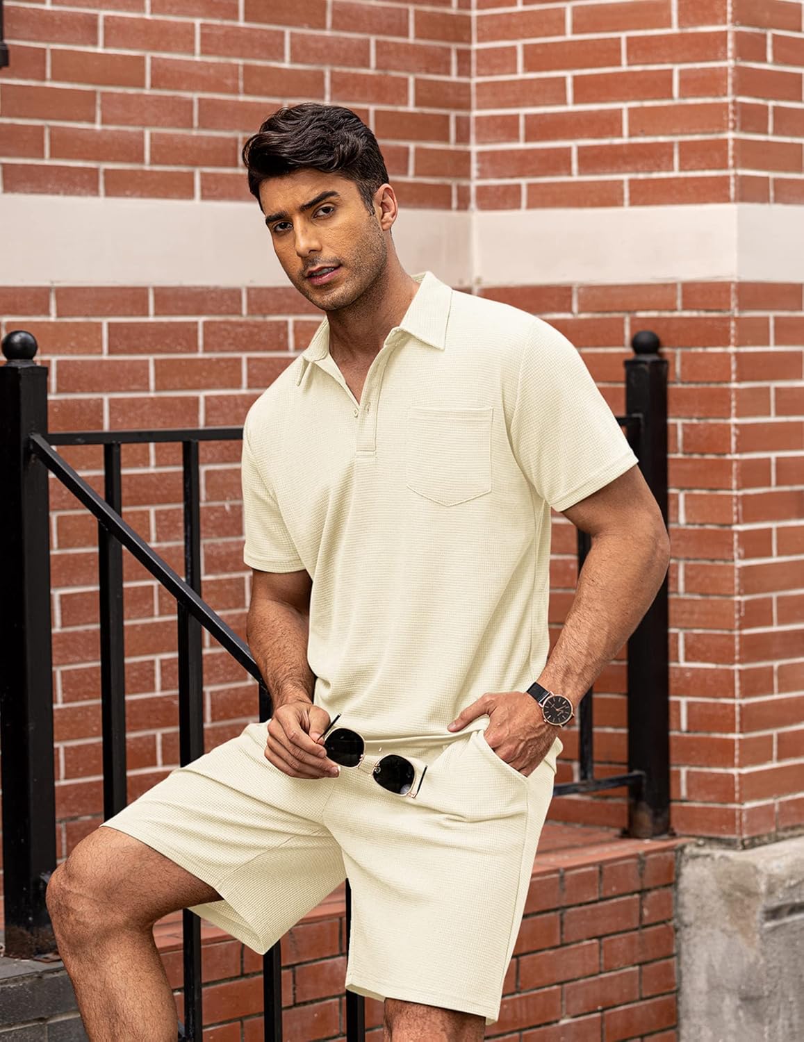 Men's Waffle Knit Polo Shirt and Shorts Two-Piece Summer Set Casual Sportswear