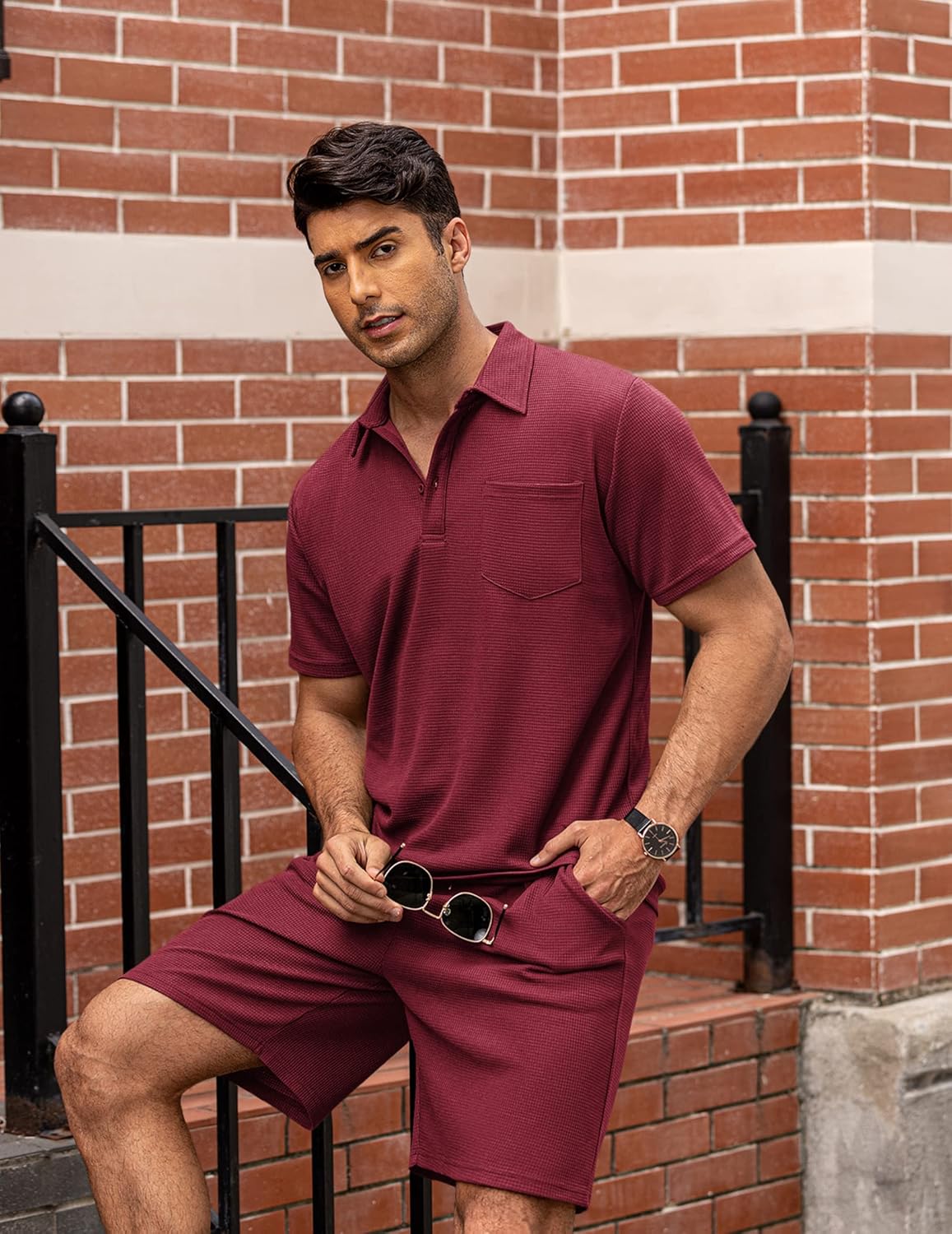 Men's Waffle Knit Polo Shirt and Shorts Two-Piece Summer Set Casual Sportswear