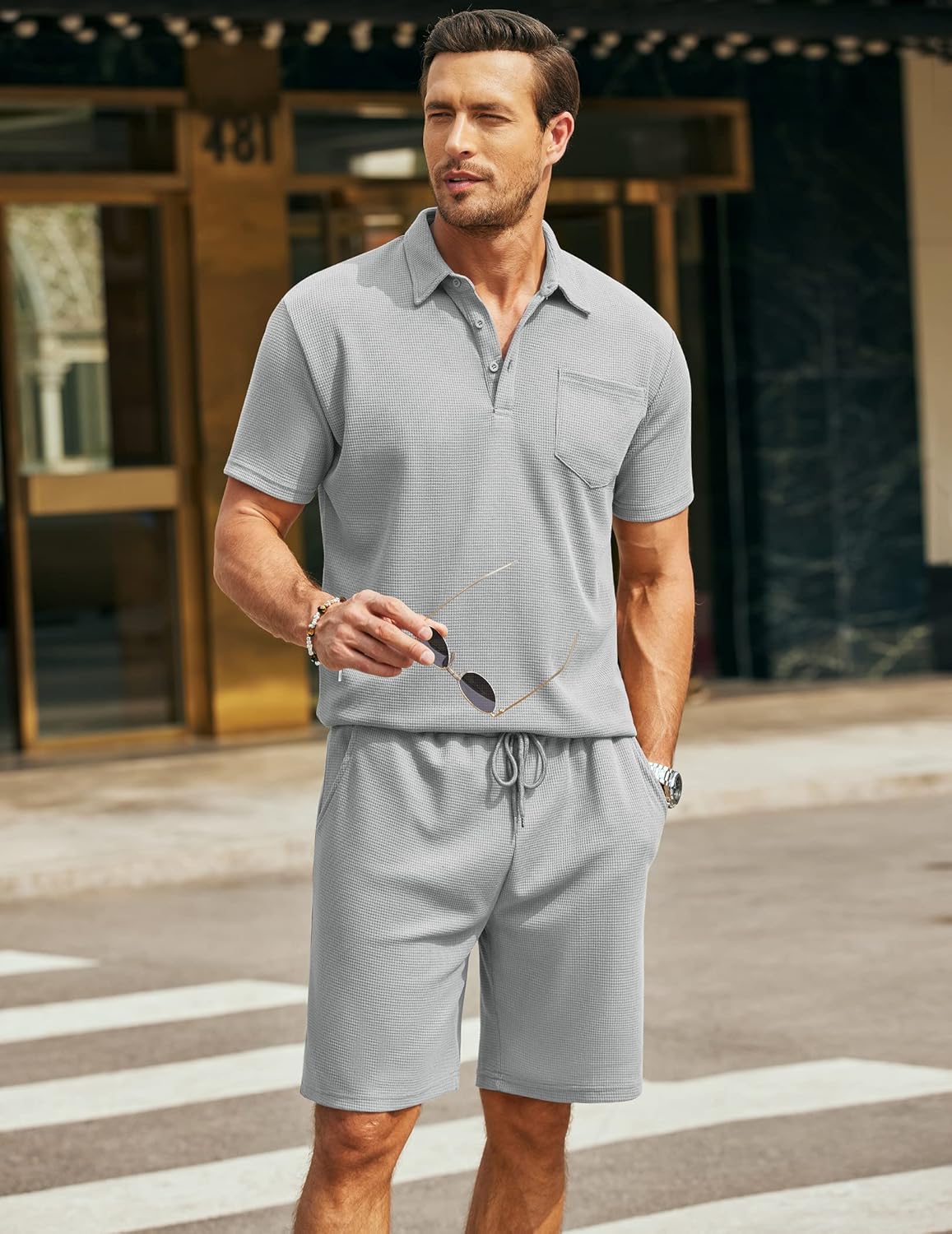 Men's Waffle Knit Polo Shirt and Shorts Two-Piece Summer Set Casual Sportswear