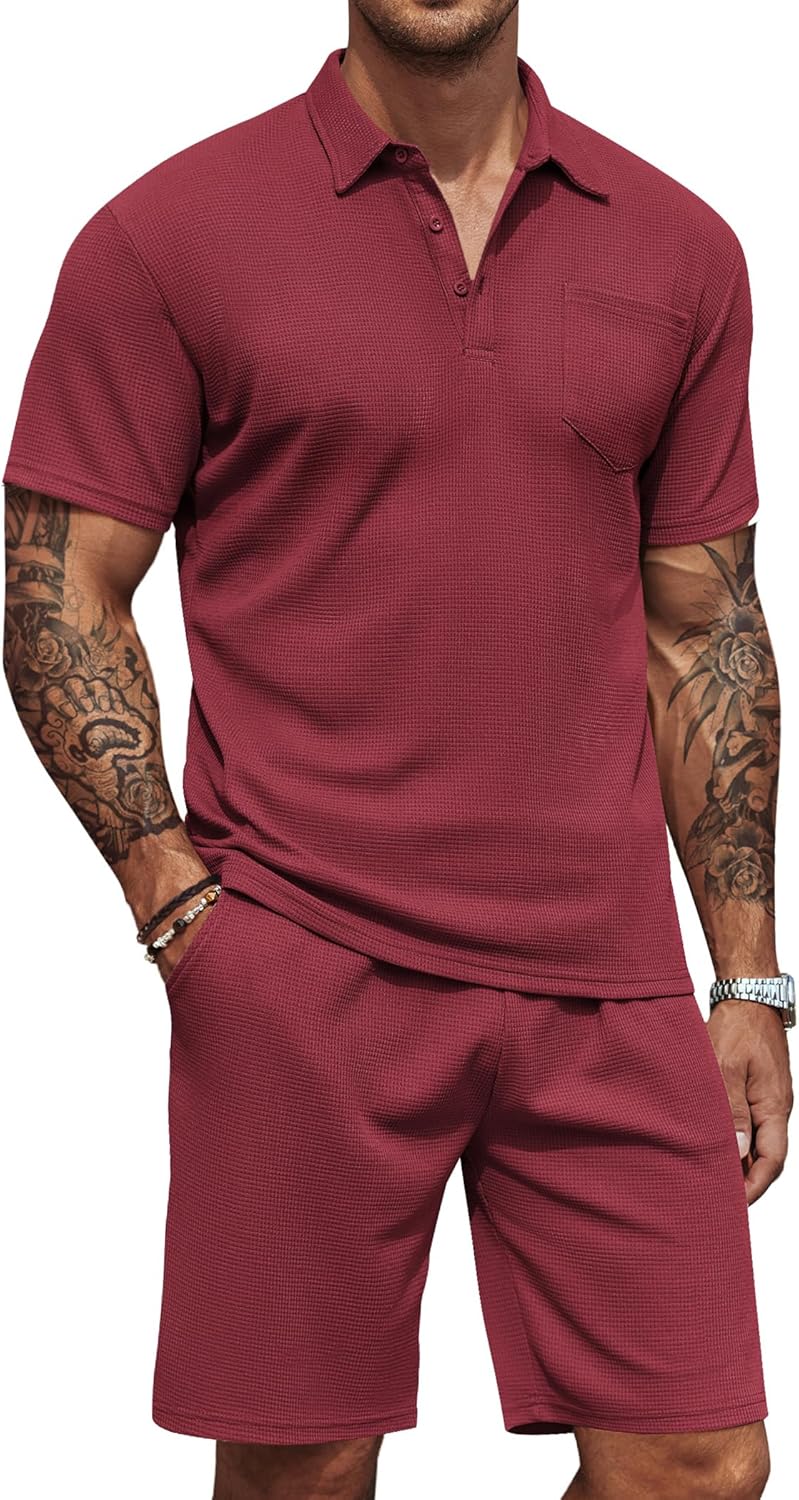 Men's Waffle Knit Polo Shirt and Shorts Two-Piece Summer Set Casual Sportswear