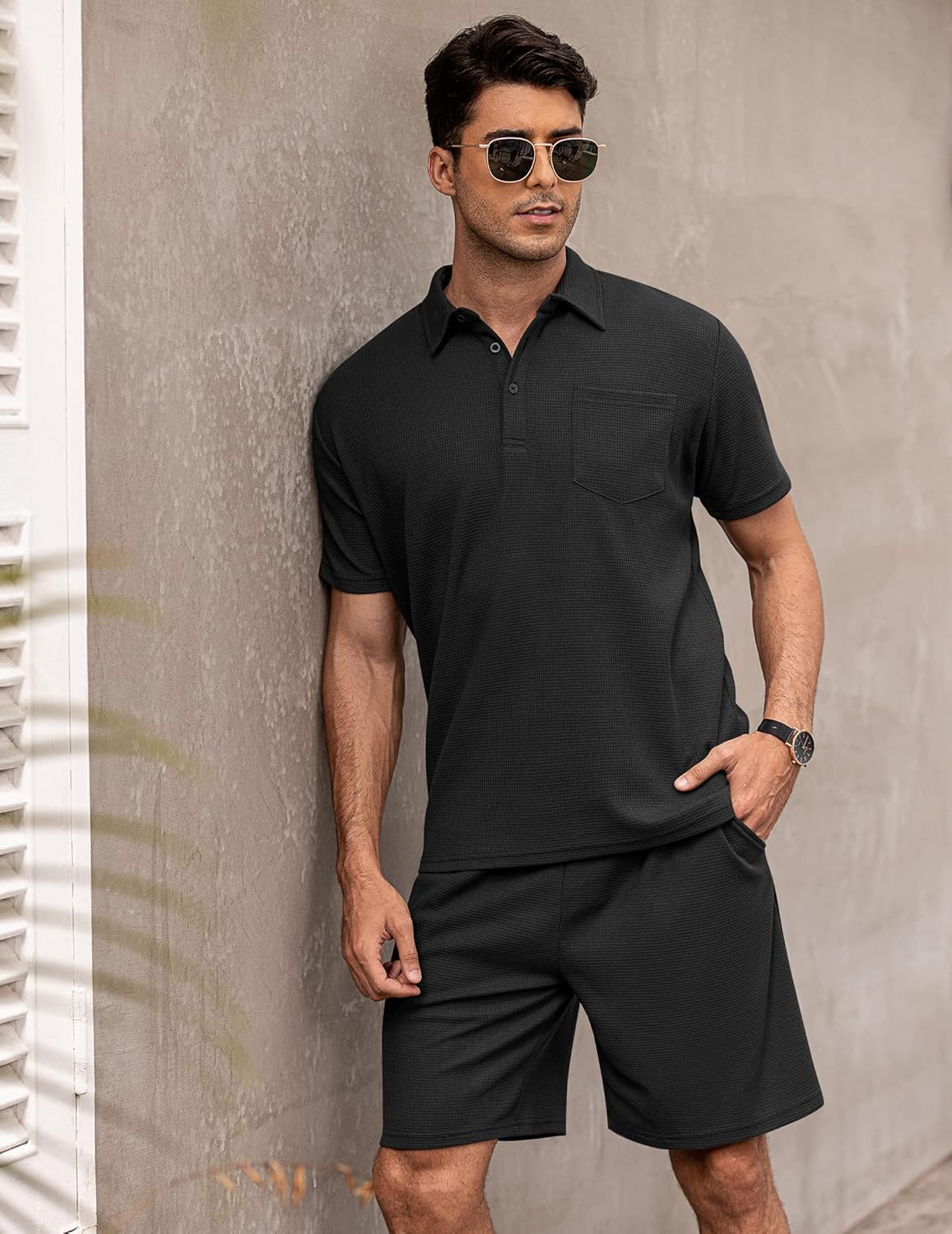 Men's Waffle Knit Polo Shirt and Shorts Two-Piece Summer Set Casual Sportswear