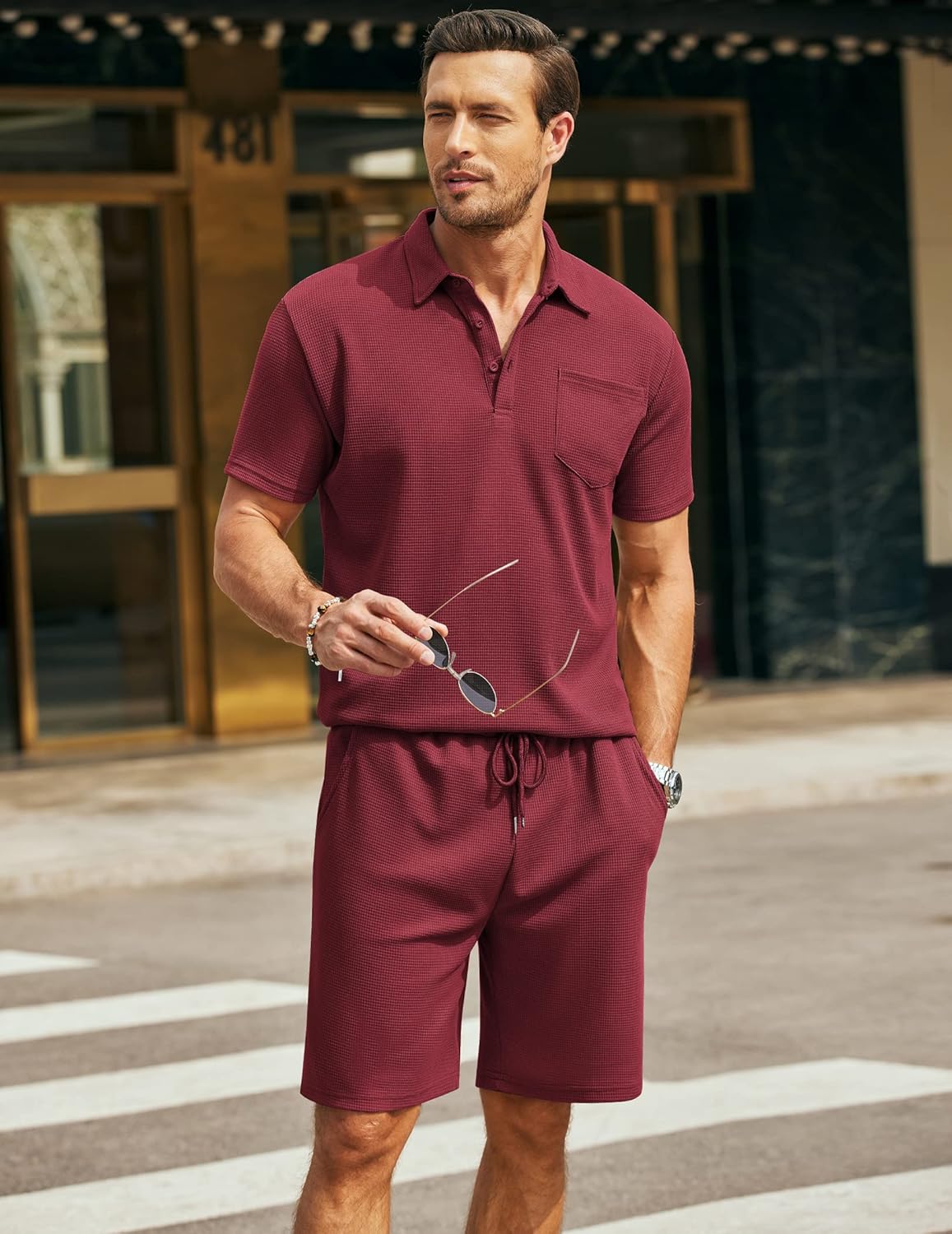 Men's Waffle Knit Polo Shirt and Shorts Two-Piece Summer Set Casual Sportswear
