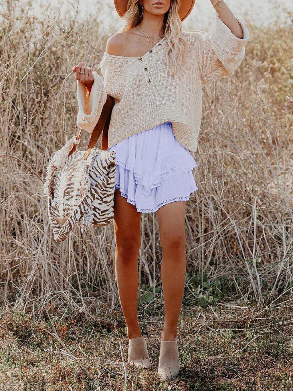 Flowy Shorts for Women Casual Boho Ruffle Tiered Skorts High Waist Mini Skirts Golf Tennis Crochet Shorts