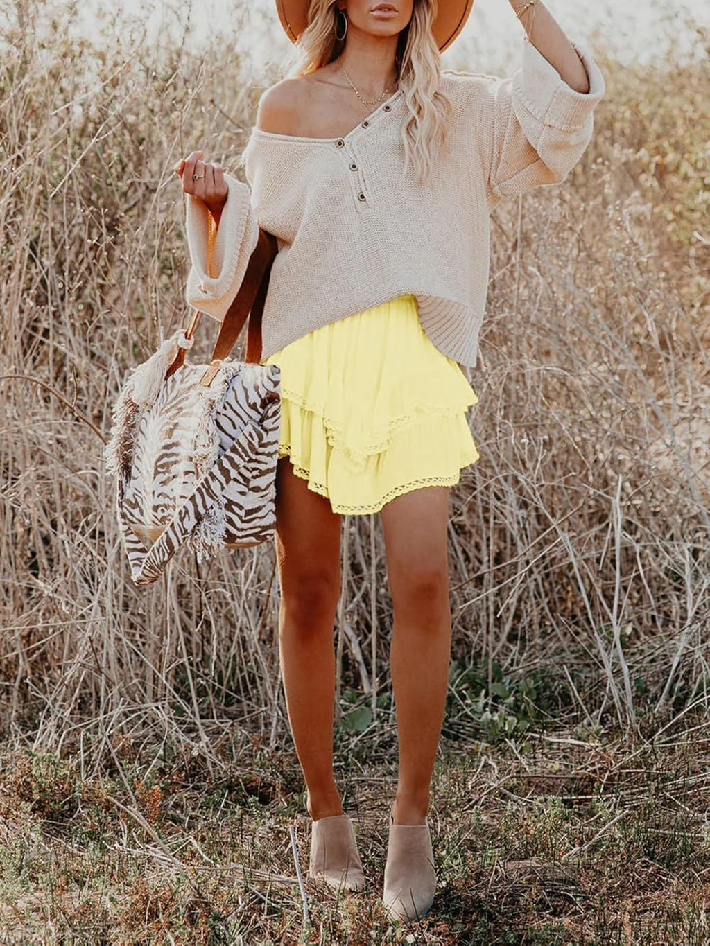 Flowy Shorts for Women Casual Boho Ruffle Tiered Skorts High Waist Mini Skirts Golf Tennis Crochet Shorts