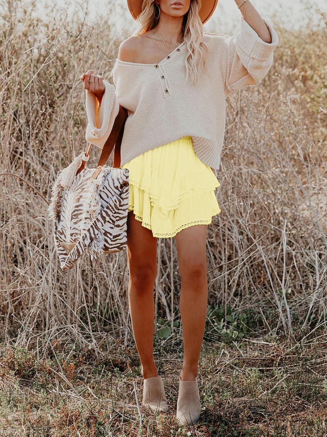 Flowy Shorts for Women Casual Boho Ruffle Tiered Skorts High Waist Mini Skirts Golf Tennis Crochet Shorts