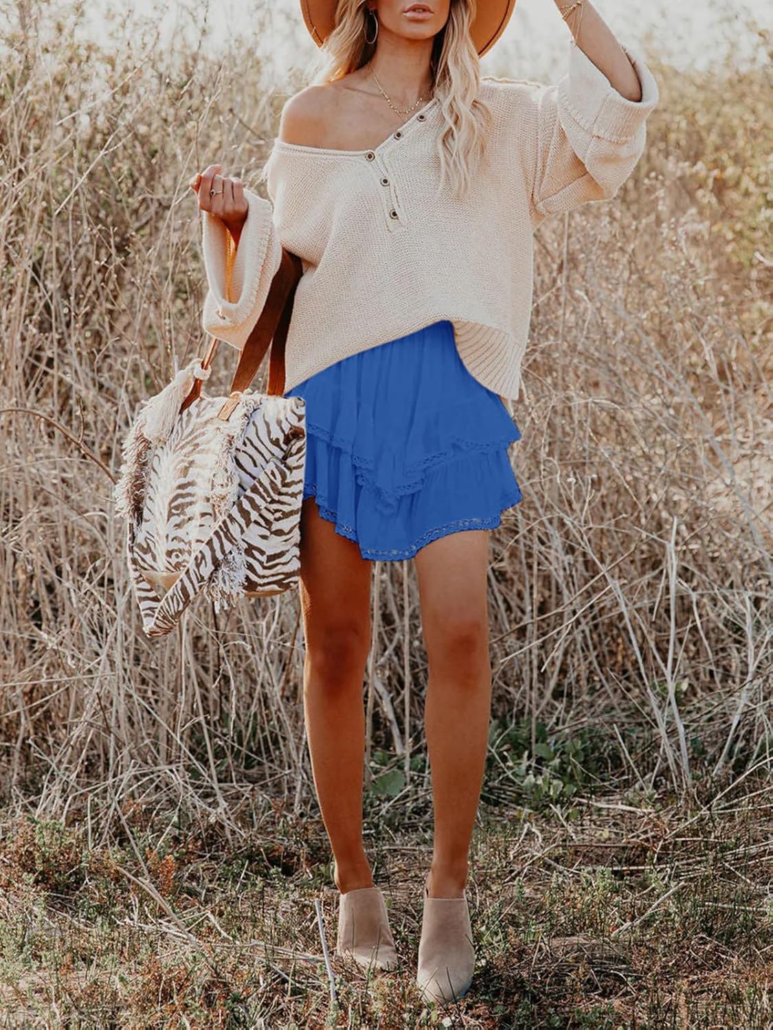 Flowy Shorts for Women Casual Boho Ruffle Tiered Skorts High Waist Mini Skirts Golf Tennis Crochet Shorts