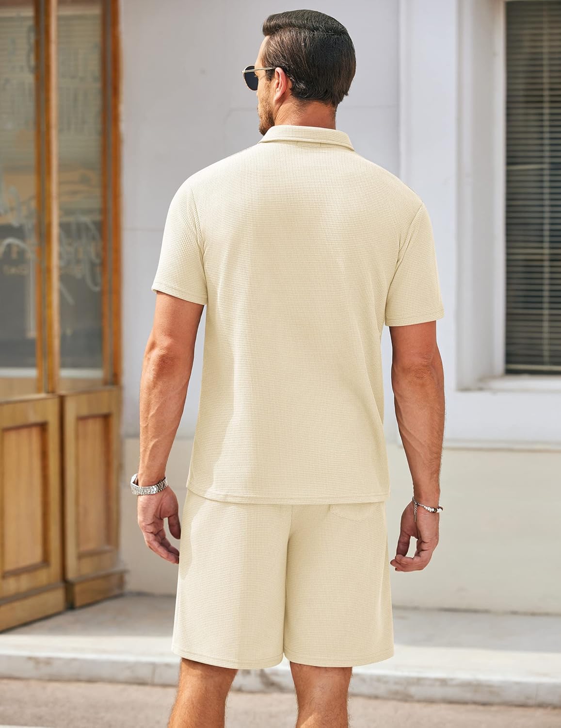 Men's Waffle Knit Polo Shirt and Shorts Two-Piece Summer Set Casual Sportswear