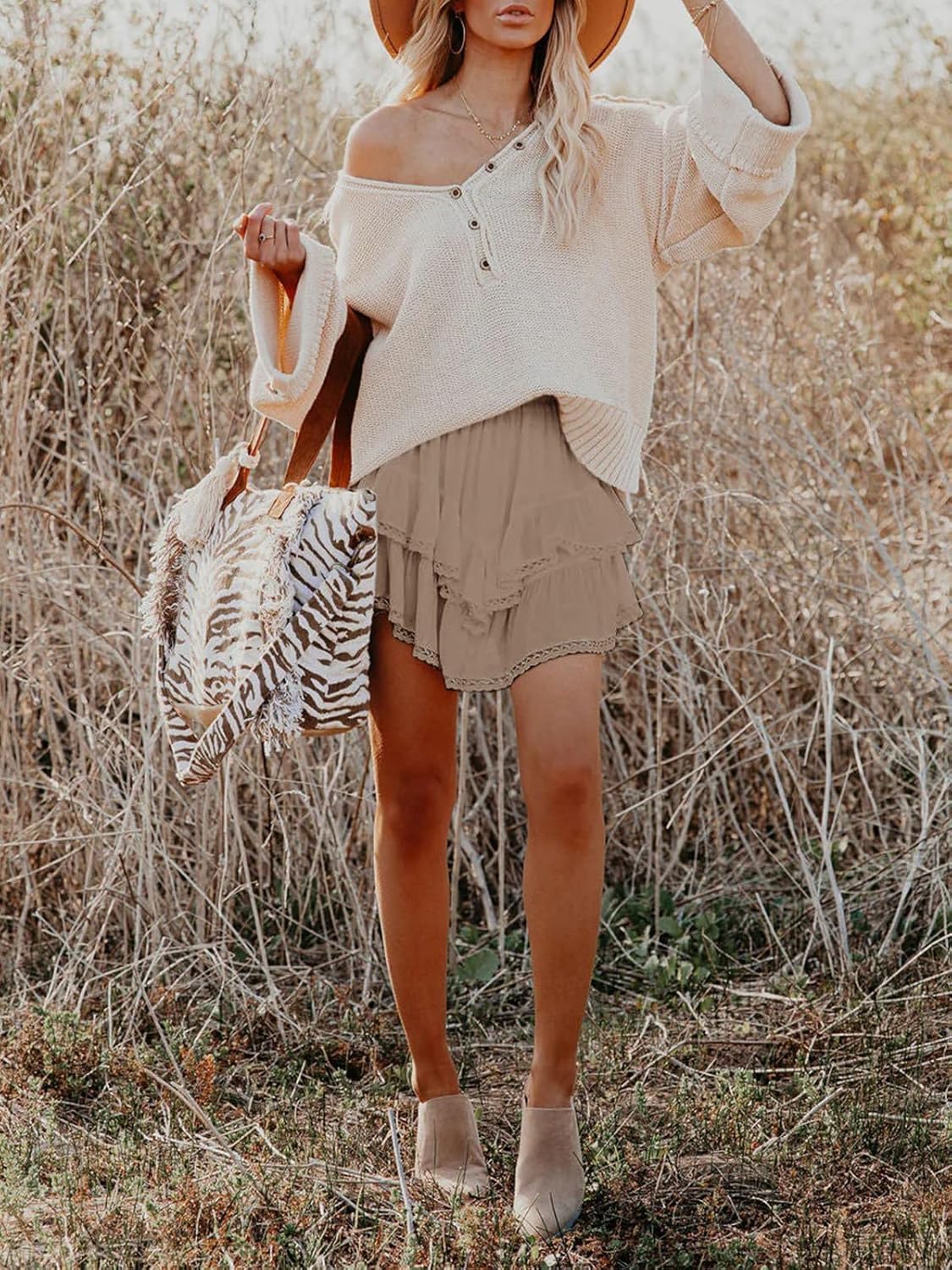 Flowy Shorts for Women Casual Boho Ruffle Tiered Skorts High Waist Mini Skirts Golf Tennis Crochet Shorts