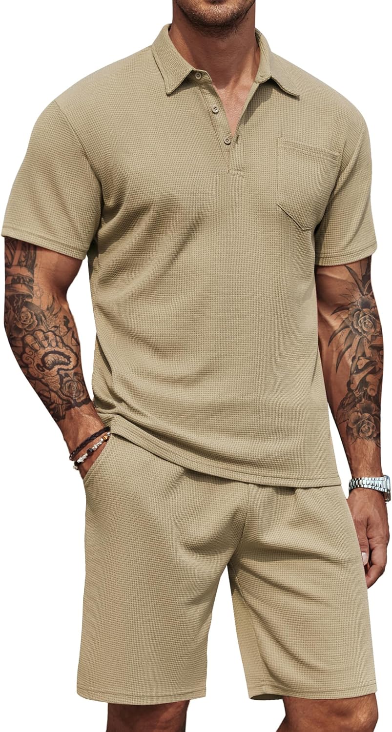 Men's Waffle Knit Polo Shirt and Shorts Two-Piece Summer Set Casual Sportswear