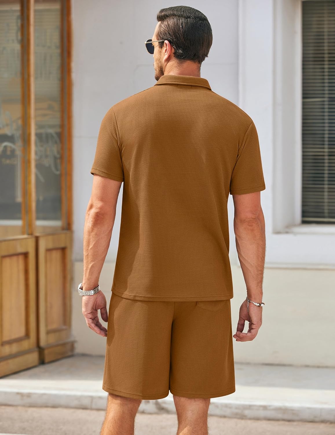 Men's Waffle Knit Polo Shirt and Shorts Two-Piece Summer Set Casual Sportswear