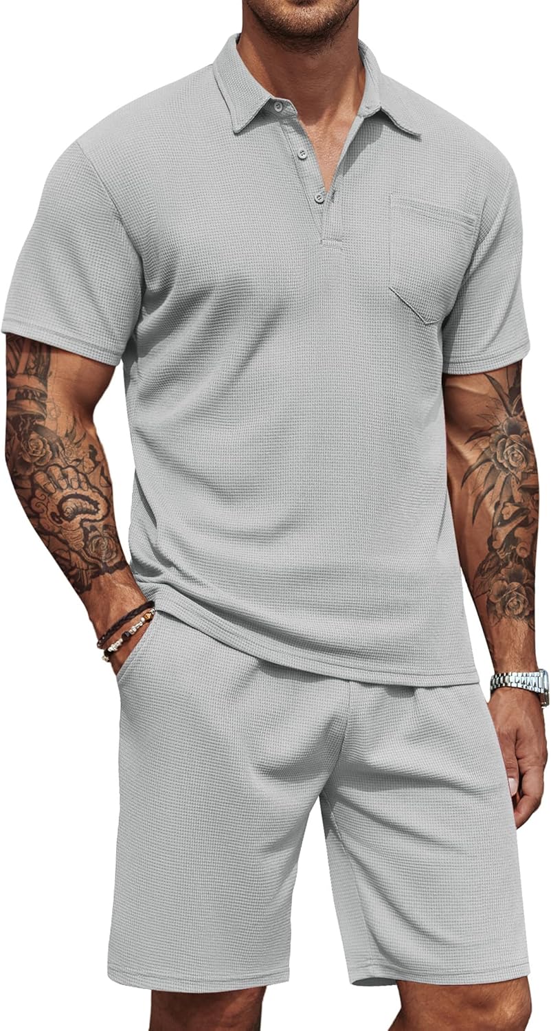 Men's Waffle Knit Polo Shirt and Shorts Two-Piece Summer Set Casual Sportswear