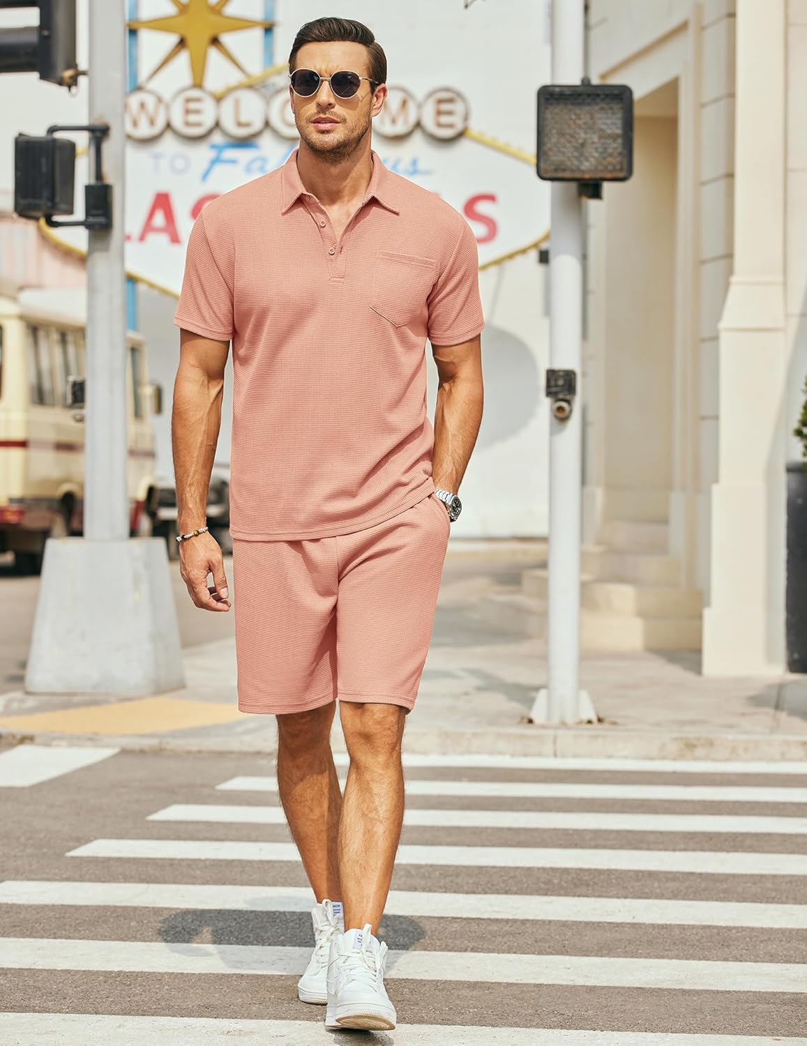 Men's Waffle Knit Polo Shirt and Shorts Two-Piece Summer Set Casual Sportswear