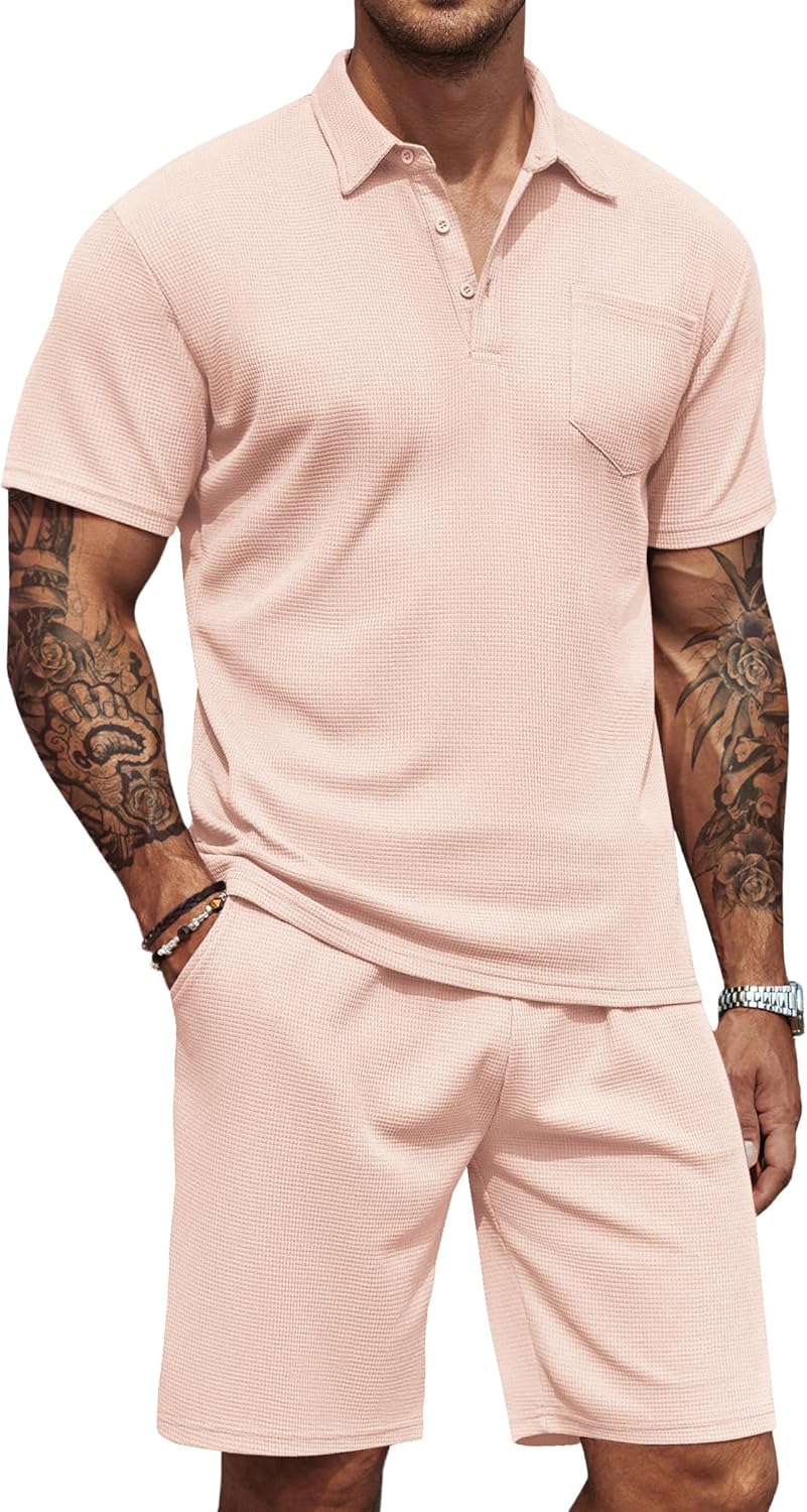 Men's Waffle Knit Polo Shirt and Shorts Two-Piece Summer Set Casual Sportswear