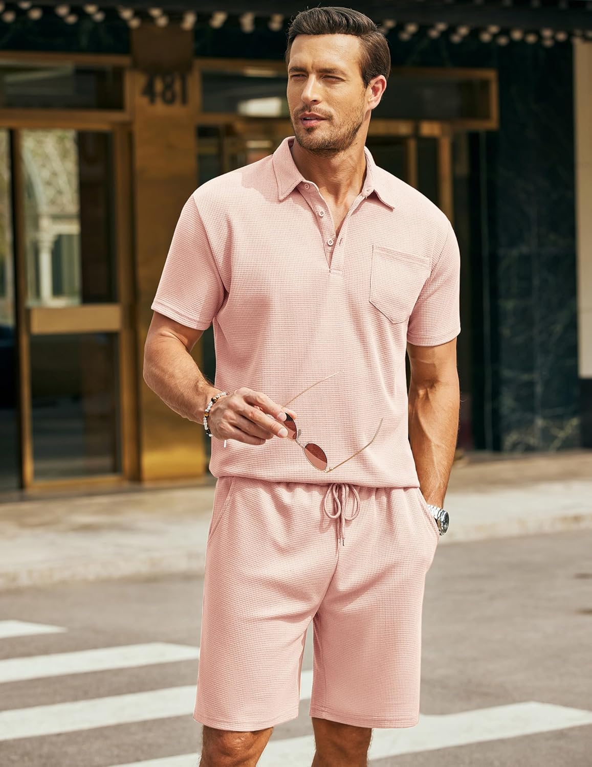 Men's Waffle Knit Polo Shirt and Shorts Two-Piece Summer Set Casual Sportswear