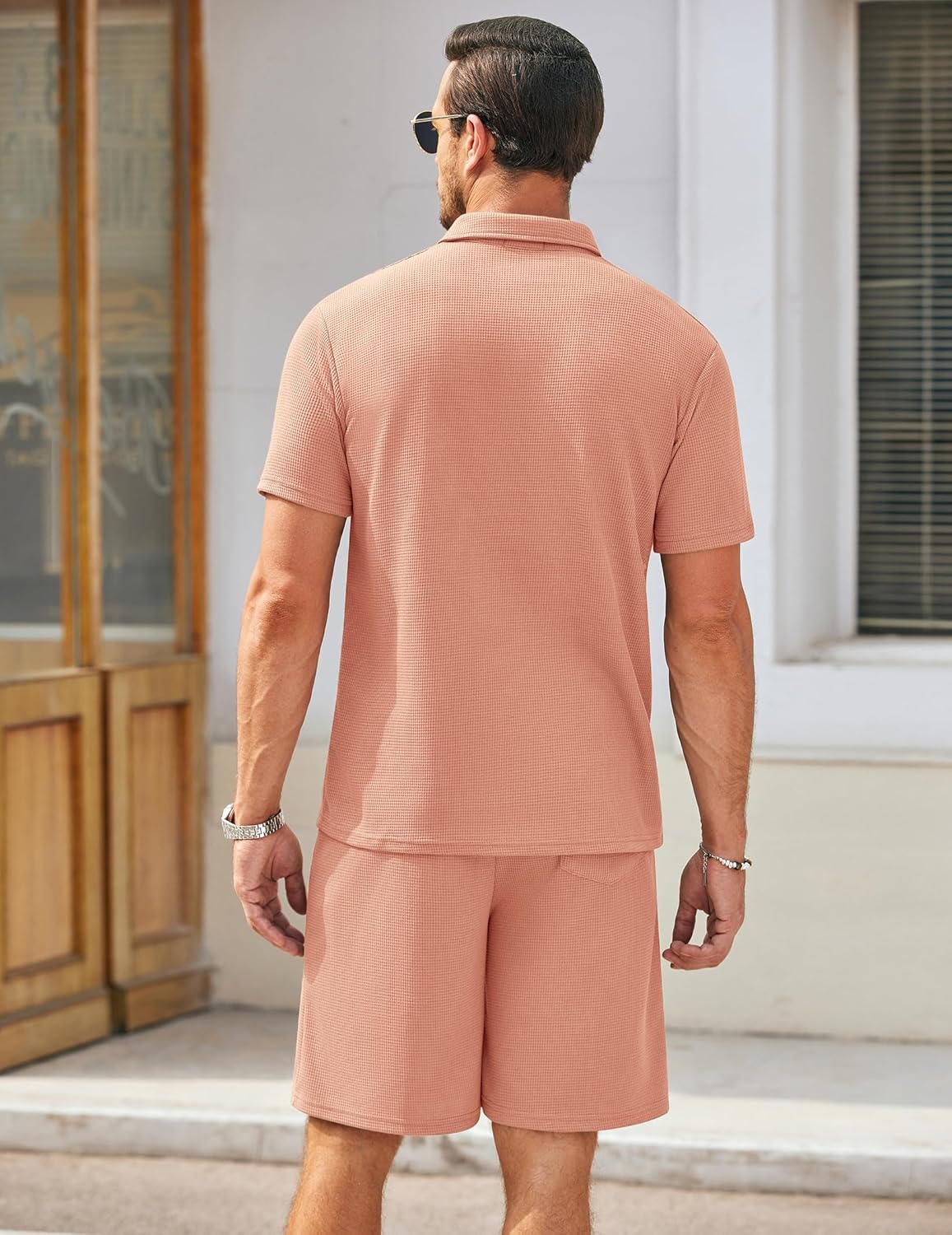Men's Waffle Knit Polo Shirt and Shorts Two-Piece Summer Set Casual Sportswear