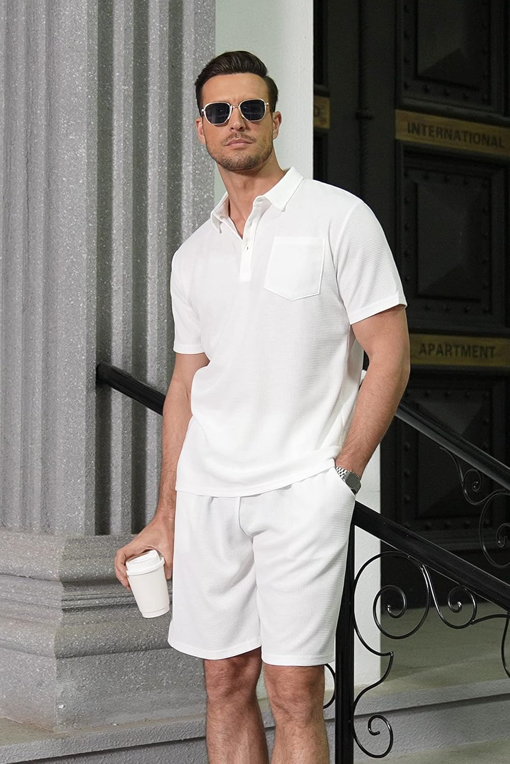 Men's Waffle Knit Polo Shirt and Shorts Two-Piece Summer Set Casual Sportswear