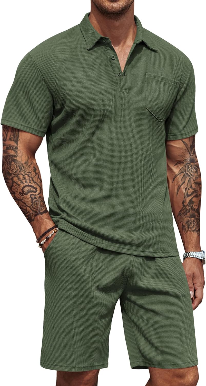 Men's Waffle Knit Polo Shirt and Shorts Two-Piece Summer Set Casual Sportswear
