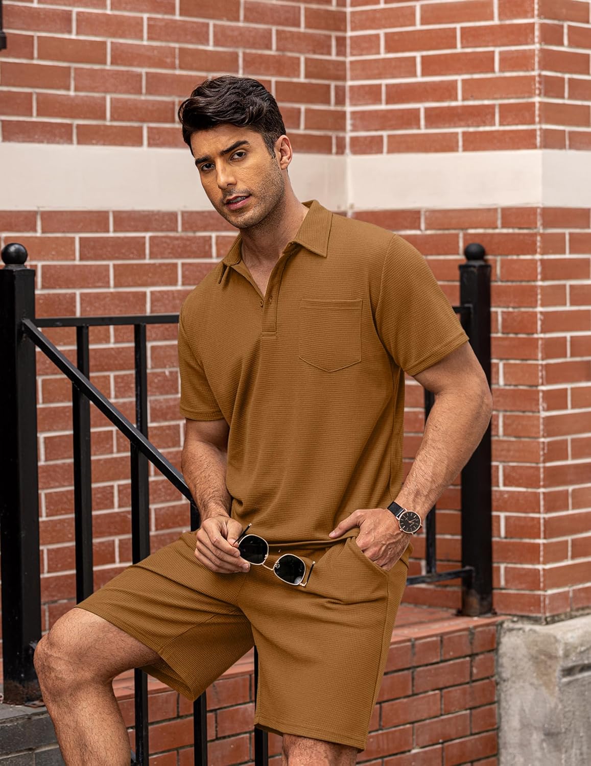 Men's Waffle Knit Polo Shirt and Shorts Two-Piece Summer Set Casual Sportswear