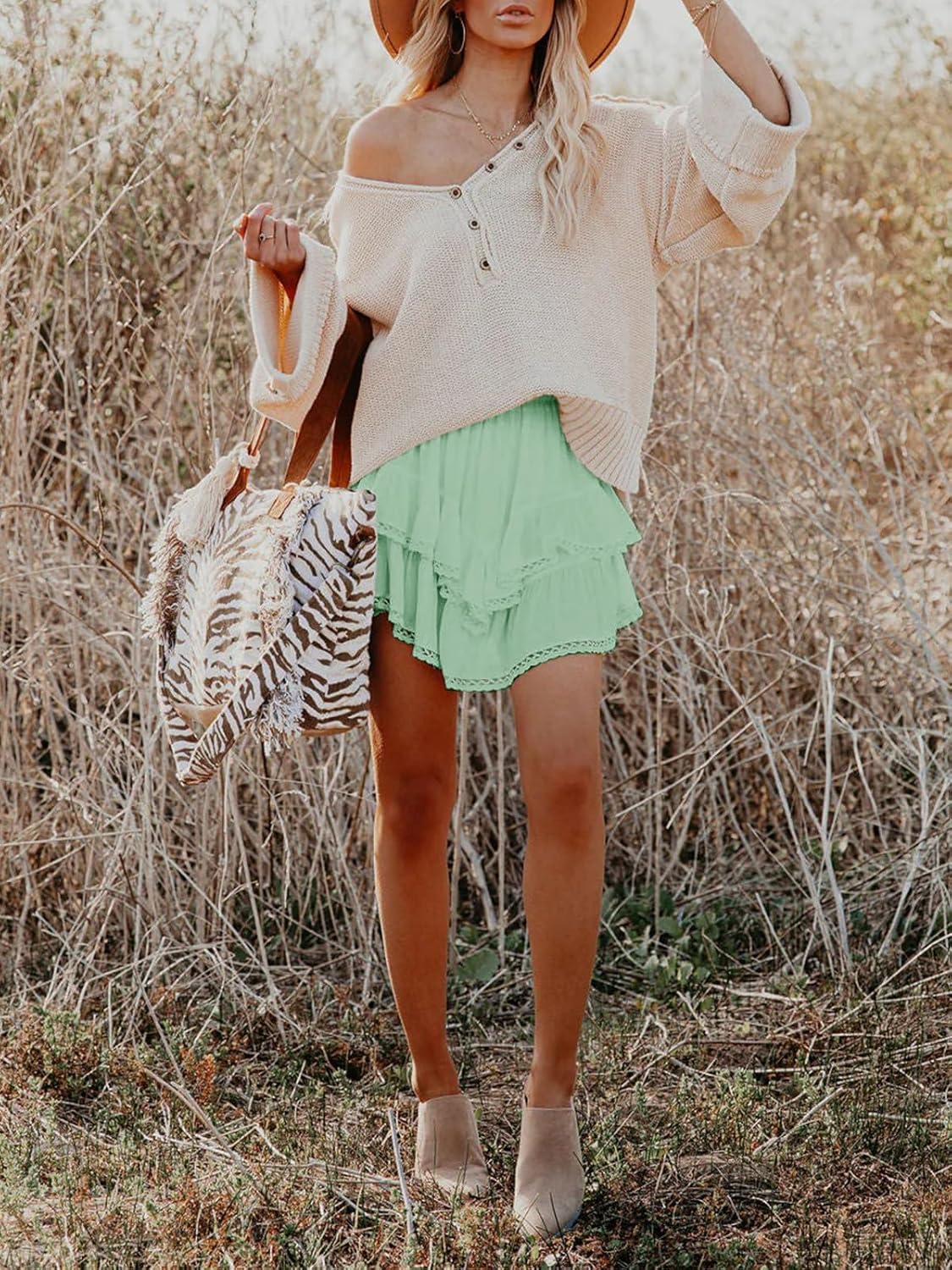 Flowy Shorts for Women Casual Boho Ruffle Tiered Skorts High Waist Mini Skirts Golf Tennis Crochet Shorts