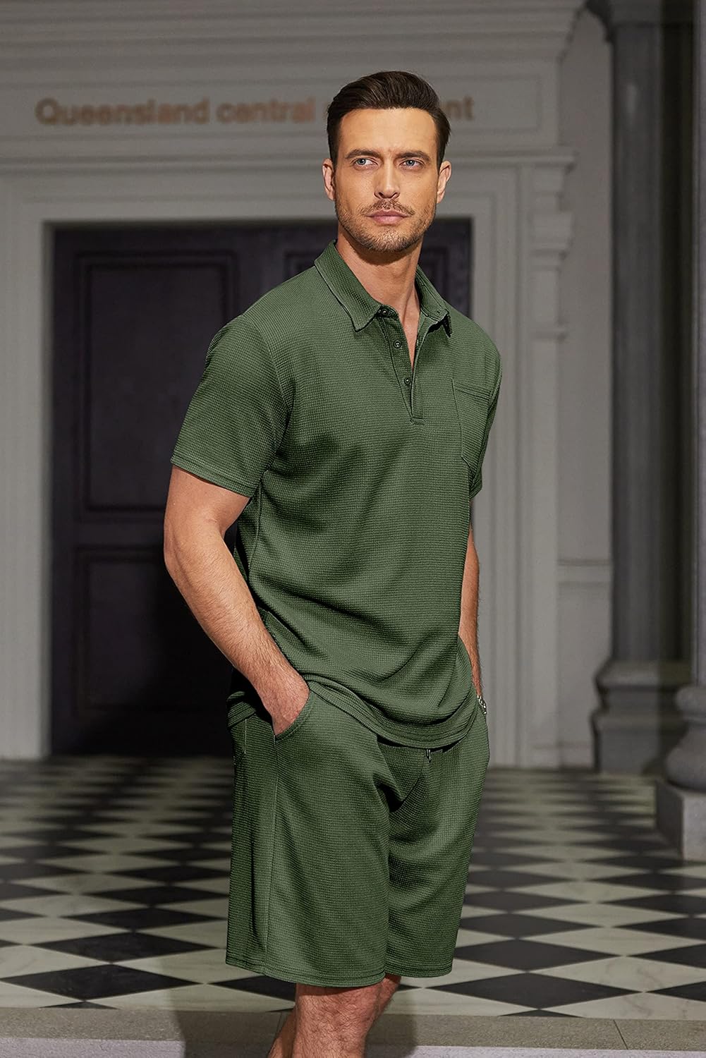 Men's Waffle Knit Polo Shirt and Shorts Two-Piece Summer Set Casual Sportswear