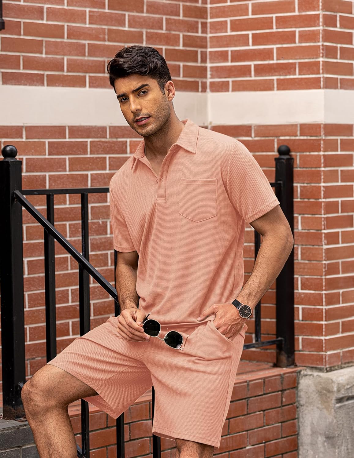 Men's Waffle Knit Polo Shirt and Shorts Two-Piece Summer Set Casual Sportswear