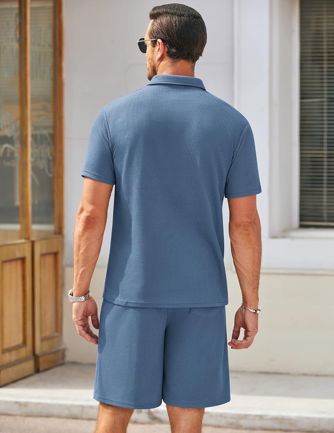 Men's Waffle Knit Polo Shirt and Shorts Two-Piece Summer Set Casual Sportswear