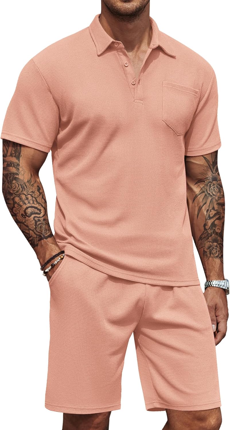 Men's Waffle Knit Polo Shirt and Shorts Two-Piece Summer Set Casual Sportswear